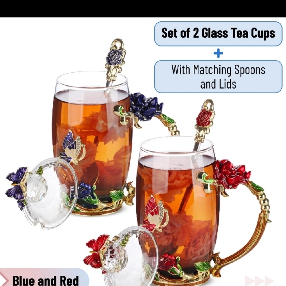 Brew To A Tea Btat- Floral Glass Tea Cups Spoon Lid Set Pack Of 2 11 Oz Blue NIB - Picture 5 of 16